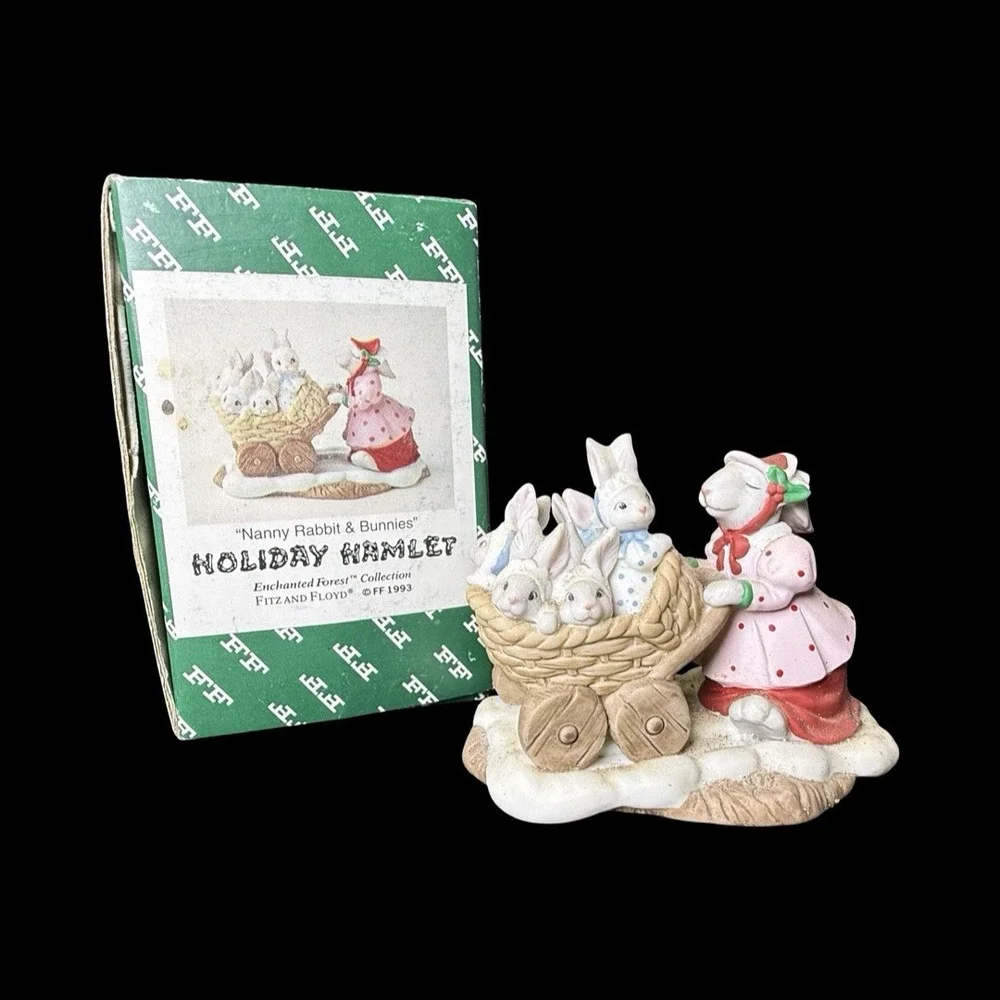 Fitz Floyd Enchanted Forest Holiday Hamlet Nanny Rabbit & Bunnies Figurine 1993